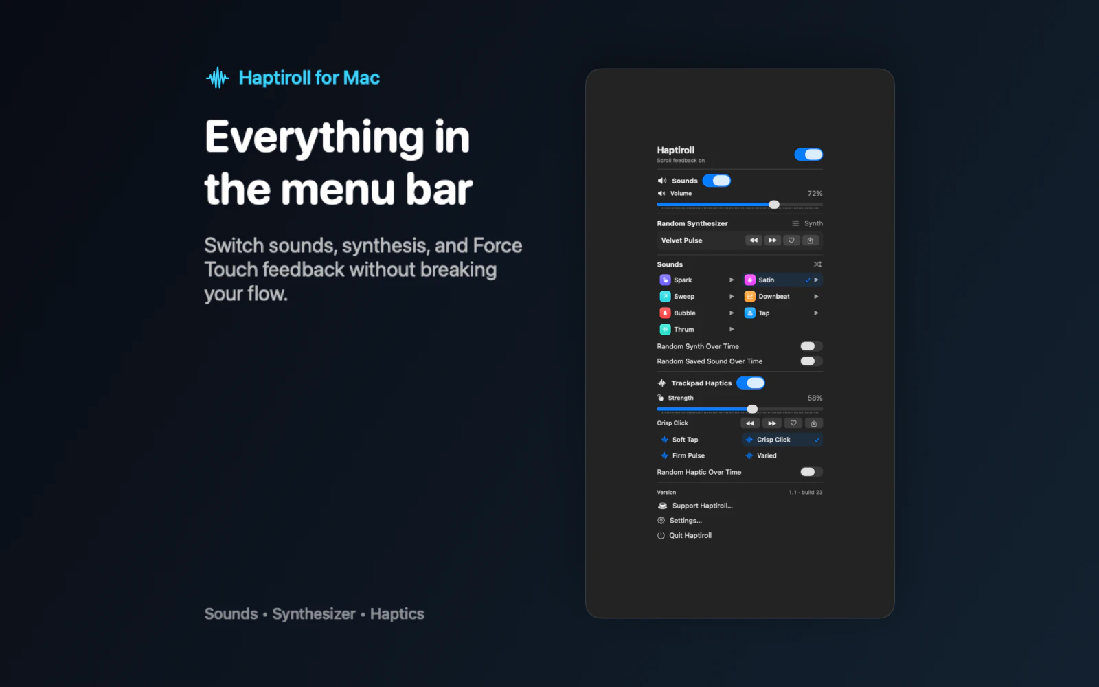 Preview of the Haptiroll menu-bar interface
